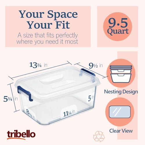 Tribello Plastic Storage Bins with Lids, Clear Stackable Storage Containers - 9.5 Qt - 2 Pack - Image 2