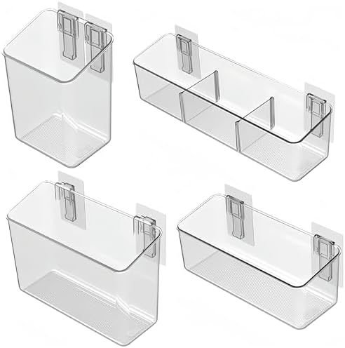 vacane 4 Pack Plastic Over Cabinet Door Organizer, Adhesive Mount Storage Organizer Container Makeup Organizer Hanging Basket Bins for Craft Room, Pantry, Office, Space Saving Holder for Kitchen Bags by vacane