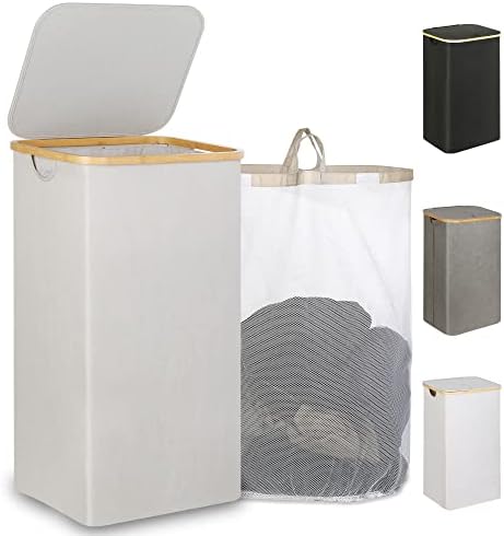 IEGrow Laundry Hamper with Lid,110L Laundry Basket with Mesh Bag,Light Grey by iEGrow