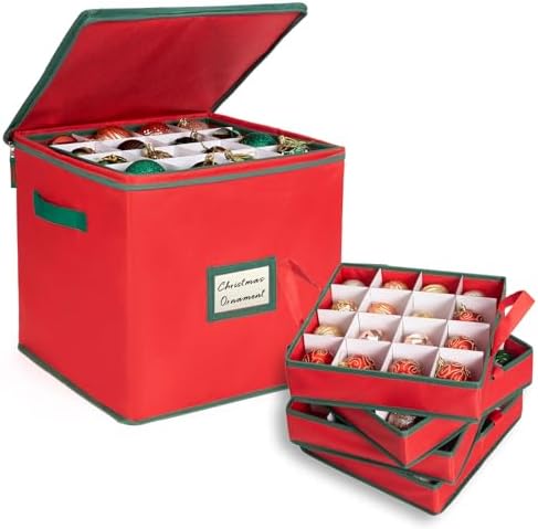 Christmas Ornament Storage Box Containers Holiday Decoration Organizer, Christmas Ball Accessories Holder with Adjustable Dividers, 4 Removable Trays, Zippered Closure, 600D Oxford 13x13x13.39 by Ciseret