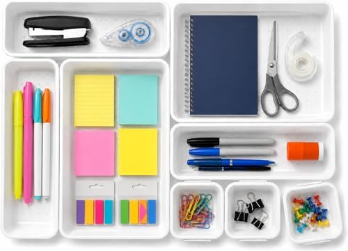 Masirs Interlocking Drawer Organizer Bins - Durable Plastic, Various Sizes for Custom Layout Design. Great for Desk Drawer, Tool Box or Garage Organization. (White | 8-Piece Set) by Masirs