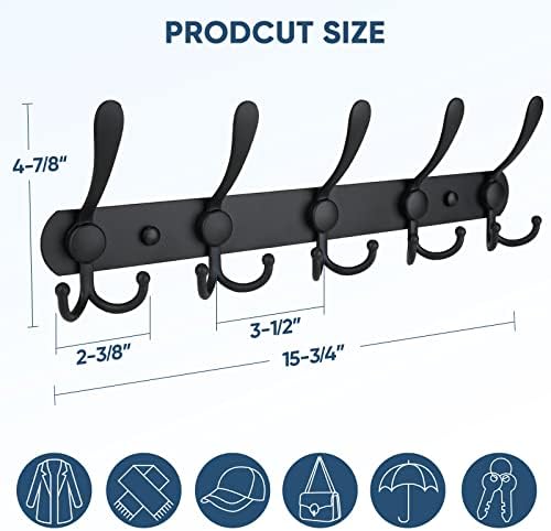 TICONN Wall Mounted Coat Rack, Five Heavy Duty Tri Hooks All Metal Construction for Jacket Coat Hat in Mudroom Entryway (Matte Black, 1-Pack) - Image 2