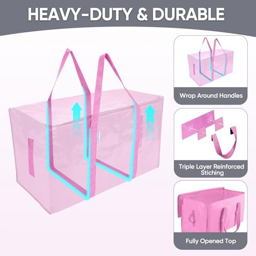 TICONN 4 Pack Extra Large Moving Bags Heavy Duty with Zippers & Carrying Handles, Durable Storage Bags Moving Boxes for Closet Organizers and Storage (4 Pack, Pink) - Image 3
