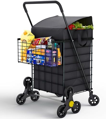 Our Modern Space Stairs Climbing Shopping Cart w/Waterproof Basket Liner & 360° Swivel Wheels | Foldable Collapsible & Lightweight | Perfect for Groceries Laundry Utility Cart - Black by OurModernSpace