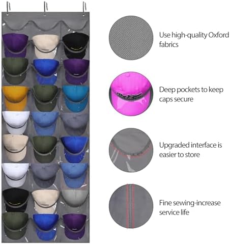 Dofilachy Hat Rack - Hat Organizer - Hat Racks for Baseball Caps, Visible Hat Holder - Baseball HatRack for Wall Door with 3 Hooks, 27 Deep Pockets - Image 2