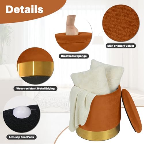 Round Ottoman with Storage Set of 2, Vanity Foot Stool with Storage, Nesting Upholstered Small Ottoman Foot Rest with Gold Plating Base for Room, Bedroom, Dorm, Orange Velvet Ottomans - Image 6