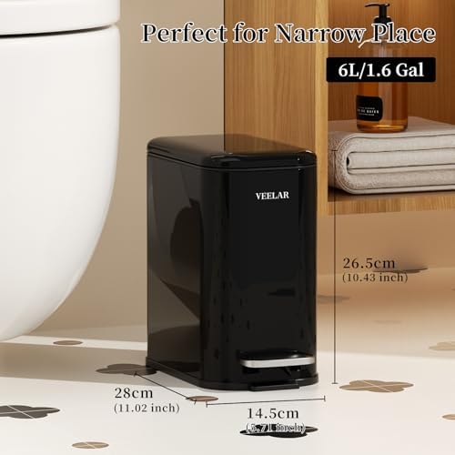 Slim Bathroom Trash Can with Lid, 1.6 Gallon / 6 Liter Stainless Steel Trash Bin, Step Pedal Garbage Cans for Bedroom, Kitchen, Office (Black) - Image 2