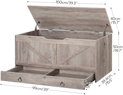 HOOBRO Storage Chest, 39.3" Toy Chest with Drawer, Wooden Storage Bench, Sturdy Entryway Bench Supports 330 lb, Safety Hinge, U-Shaped Opening, Easy Assembly, Greige BG710CW01G2 - Image 3