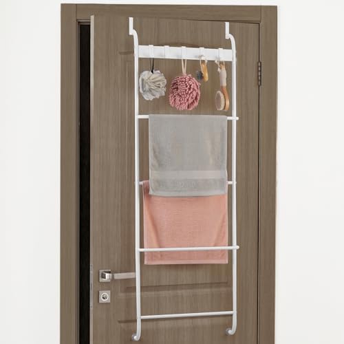 Over The Door Towel Rack 5 Tier Over The Door Towel Bar for Bathroom Towel Holder Over Door Hanger with Hooks Large Metal Towel Blanket for Bedroom Dorm Door (White) by BTY