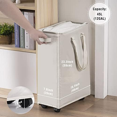 45L Slim Rolling Laundry Basket with Wheel & Adjustable Long Handles, Beige - Image 2