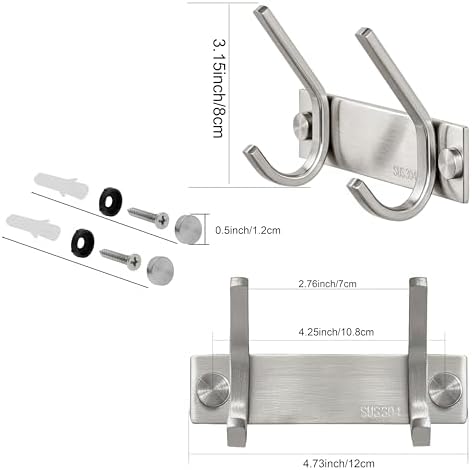WEBI Set of 2, C-CBG022 Heavy Duty Stainless Steel 304 Hook Rail Coat Rack with 2 Hooks, Satin Finish, Great Home Storage & Organization for Bedroom, Bathroom, Foyers, Hallways - Image 3