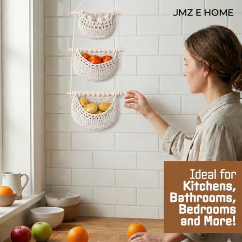 Cotton Hanging Fruit Basket, 3 Tier Woven Wall Basket, Hanging storage baskets for Kitchen and Bathroom, Macrame Wall Hanging, Boho Decor Over The Door Organizer, White - Image 6