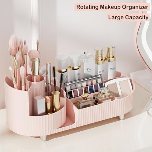 Pink Rotating Vanity Organizer with Brush Holder - Large Spinning Cosmetic Storage, Countertop Makeup & Skincare Organizer, Perfume & Lotions Display Case - Image 3