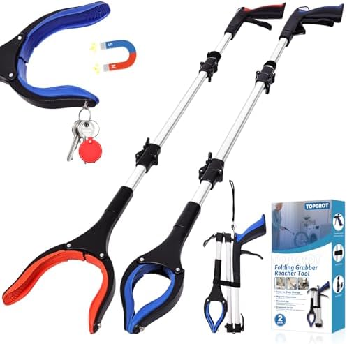 43" Grabber Reacher Tool for Seniors 2 Pack, Foldable Reacher Grabbers Pickup Stick with Anti-Slip 90° Rotating Jaw, 4" Wide Extended Claw with Magnet for Disabled, After Surgery Recovery by Unknown