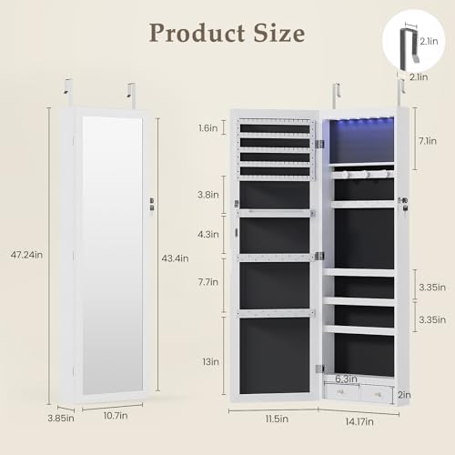 DUMOS 6 LEDs Mirror Jewelry Cabinet, Wall or Door Mounted Jewelry Organizer, 47.2-Inch Tall Lockable Large Capacity Cosmetic Storage, Gift Idea, White - Image 2