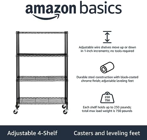 Amazon Basics 4-Shelf Heavy Duty Garage Shelving Storage Unit on 3" Wheel Casters, Adjustable Metal Wire Rack with Leveling Feet, 36" x 14" x 57.75", Black - Image 2