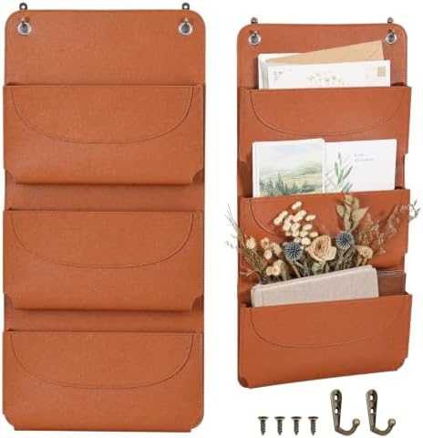 3-Pocket PU Leather Mail Holder Wall Mount Brown Wall File Hanging Organizer 9.65×4.72×1.38 Inch Wall Letter Holder Wall Mail Organizer with 2 Hook for Decor Storage Letter Key Office Home by Unknown