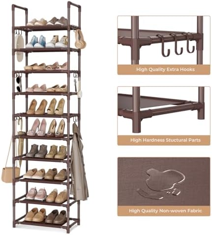VTRIN 10 Tiers Tall Shoe Rack Holds 20-25 Pairs of Shoes Sturdy Vertical Shoe Organizer with 18pcs Hooks Stackable Narrow Shoe Rack for Closet, Entryway Brown - Image 4