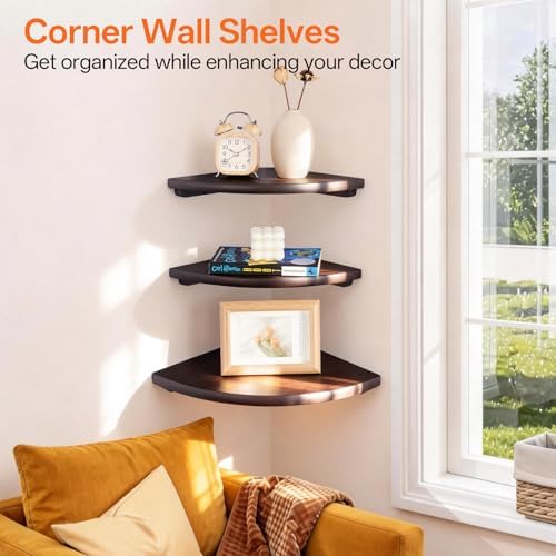 Gieanoo Floating Corner Shelves Set 2 10inch Walnut Solid Oak Rounded Corner Shelves Wall Mounted with Cable Hole Wood Corner Hanging Shelves for Living Room Bedroom Bathroom Kitchen - Image 3