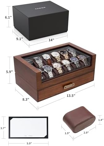 KAMIER High End Watch Box for Men, 12 Slot Wooden Watch Case With Drawer - Image 5