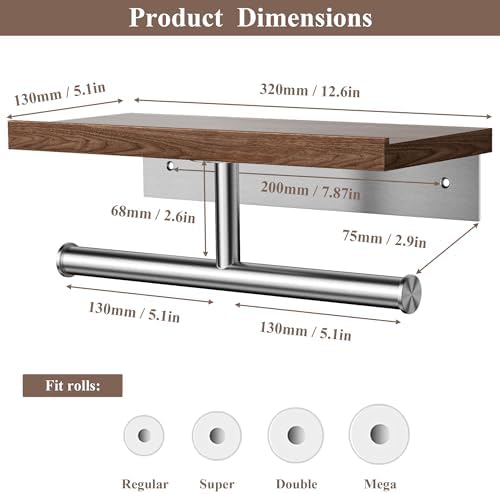 Tindbea Rustic Double Toilet Paper Holder with Walnut Wood Shelf, Farmhouse Toilet Paper Holder Brushed Nickel Stainless Steel Bathroom Tissue Roll Holder - Image 3
