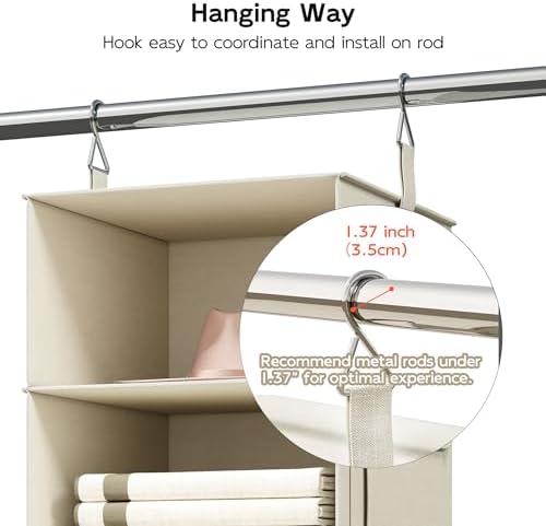 Vailando 6-Shelf Hanging Closet Organizer with 3 Fabric Drawers, Beige - Image 7