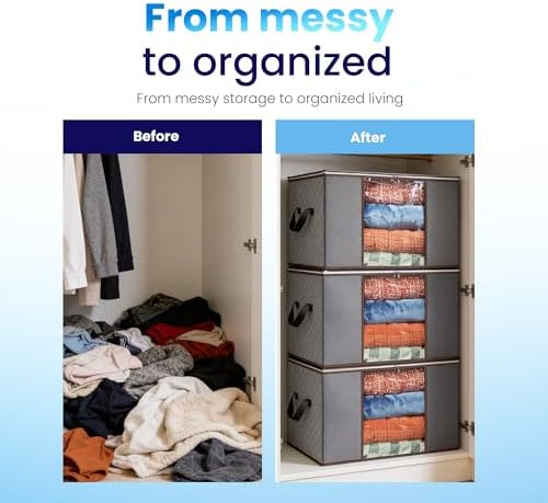 Storage Bags For Clothes - 6-Pack Collapsible Organizers for Blankets, Bedding & Clothes - Large 90L Zip Bags with Handles (Grey) - Image 4
