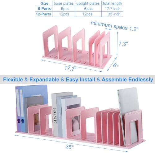 Adjustable Vertical File Sorter Sturdy Plastic Expandable Upright File Holder, Desktop Binder Organizer, School Office File Organizer Bookshelf Divider, Assemble Easily Endlessly, Pink - Image 2