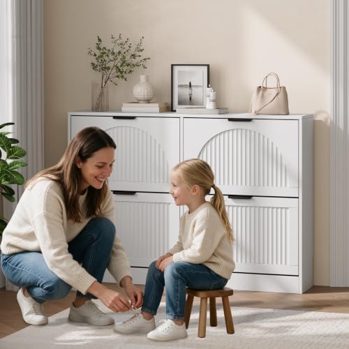 Fluted Shoe Storage Cabinet for Entryway, 4 Flip Drawers, White - Image 7