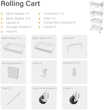 4 Tier Rolling Utility Cart with Handle,REBECAT Utility Cart Made of Multifunctional Storage Organizer Tool for Kitchen,Bathroom,Living Room,Office(White) - Image 4