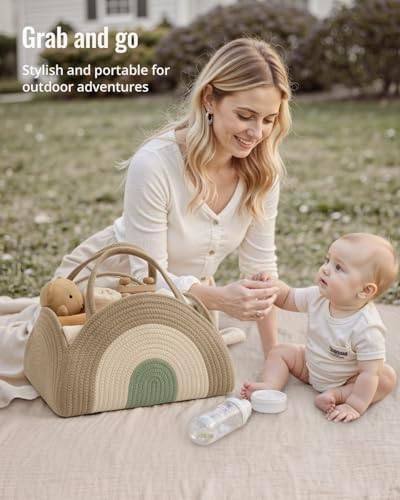 Blissful Diary Diaper Caddy Organizer, Woven Cotton Rope, Natural Rainbow - Image 5
