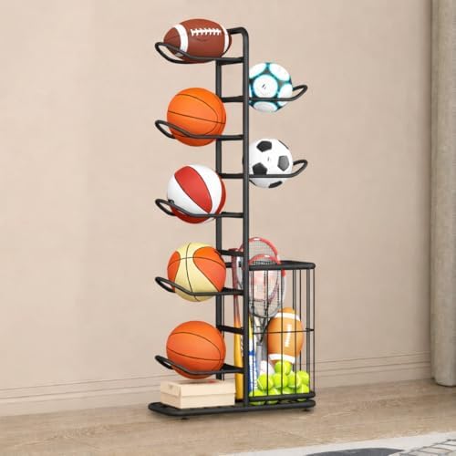 7-Ball Sports Equipment Storage Rack with Ball Holder and Basketball Rack, Athletic Gear Organizer ball Stand - Organize Toys, Sports Gear and More, 57.5" (Black) by EfficientCleanStrong