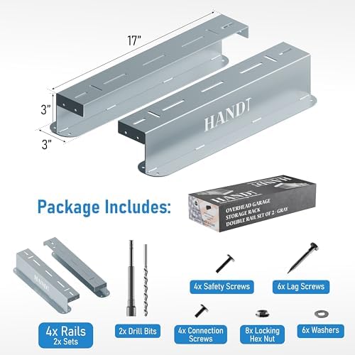 USA Based Overhead Garage Storage Rack, Connectable Heavy Duty Metal Ceiling Rails Garage Storage Organization Shelving System, Hanging Racks Tote Containers, Supports Up To 3 Bins, 2 Sets Gray - Image 4
