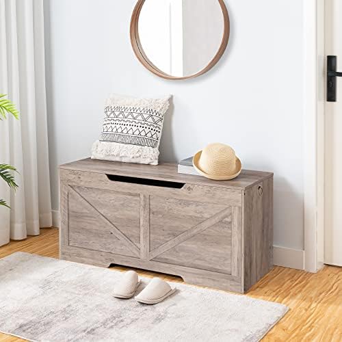 HOOBRO Storage Bench, 43.3” Retro Wooden Storage Chest with U-Shaped Cut-Out Pull, Safety Hinge, Supports 330 lb and Easy Assembly for Toy Box Organizer (Greige) BG772CW01G1 - Image 5