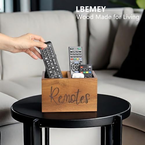 LBEMEY Acacia Wood TV Remote Holder, Caddy and Organizer for Table, Vintage Farmhouse Desk Caddy (Brown, 4+ Remotes) - Image 2