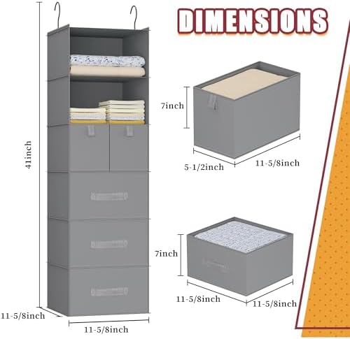 6-Shelf Hanging Closet Organizer with 5 Drawers, Non-Woven Storage, Gray - Image 5