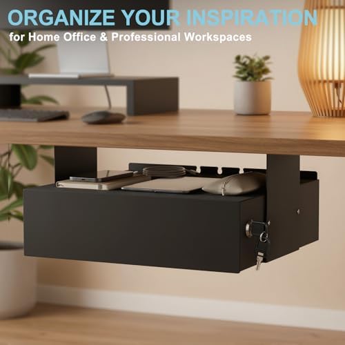 Under Desk Drawer with Lock, 13.8 Inch Slide-Out Metal Storage Drawer,Black - Image 3