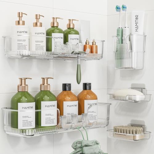 HAMITOR 5 Pack Adhesive Shower Caddy, Clear Transparent Shower Organizer by HAMITOR