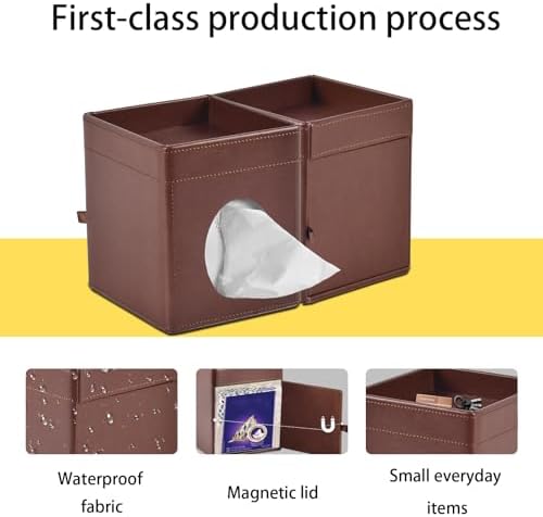 Tissue Box Cover Square Tissue Box Holder PU Leather Facial Tissues Organizer with Storage Tray for Bathroom Vanity Bedroom Office Car,Stylish Napkin Caddy Decorative Organizer (Brown) - Image 5