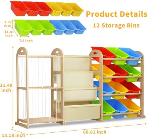 3-in-1 Toy Storage Organizer with Bookshelf, 12 Bins & Kids Plush Storage - Image 2