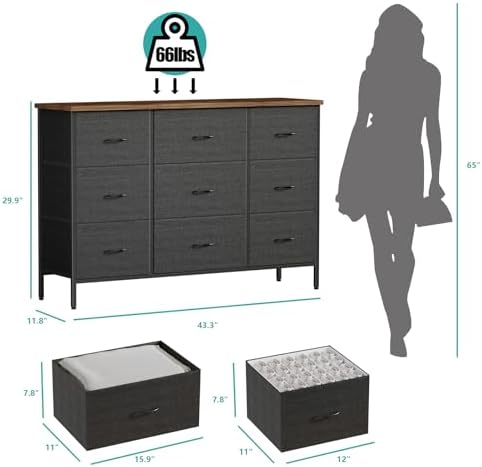 VASICAR Wide TV Stand for Bedroom, Black Dresser with 9 Deep Drawers - Image 2