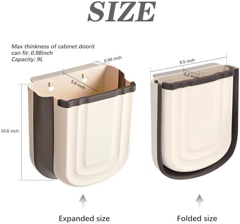 2 Pack Kitchen Hanging Trash Can, 2.4 Gallon / 9L Collapsible Waste Bin, Small Kitchen Compost Bin for Food Scraps, Wall Mounted Garbage Can for Bathroom, Car, RV（Khaki） - Image 2
