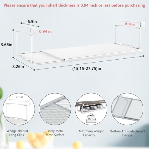 Expandable Under Cabinet Shelf, Extendable Under Shelf Storage with 0.94 Inches Thick Clips for Pantry Cabinet, Laundry Room, Shoe Rack.(White, 1 Pack, Interior: 3.66" H x 8.26" D) - Image 3