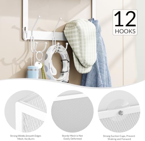 BAKON Over-the-Door Storage Organizer, Heavy-Duty Behind Door Rack with 2 Mesh Baskets & 4 Hooks for Towels Coats Keys, Space Saving for Bathroom Bedroom Kitchen Office, White - Image 4