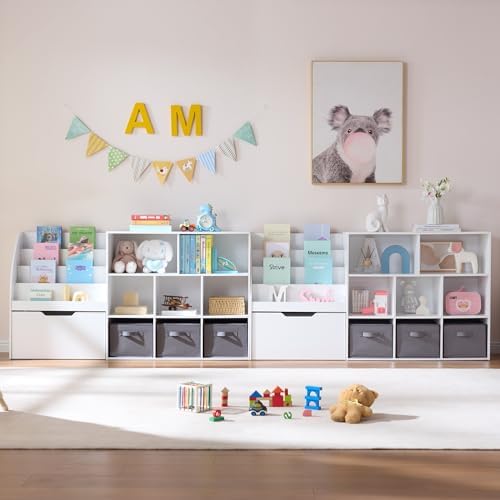Fatmok Kids Bookshelf and Toy Storage, 2 Pack 58.5’’ Toy Organizer with Movable Chests & 3 Storage Bins, Large Kids Reading Nook with 5 Cubbies for Playroom, Bedroom, Nursery, White by Fatmok
