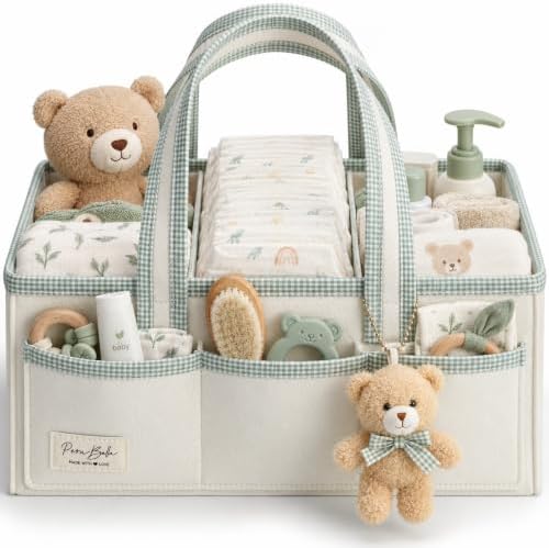 PeraBella XL Diaper Caddy Organizer With Handle, Baby Shower Gifts Basket Bag, Registry Search Must Haves Items, Newborn Girl Boy Nursery Storage Organizer, Baby Bag Essentials, Car Diaper Caddy Cart by PeraBella