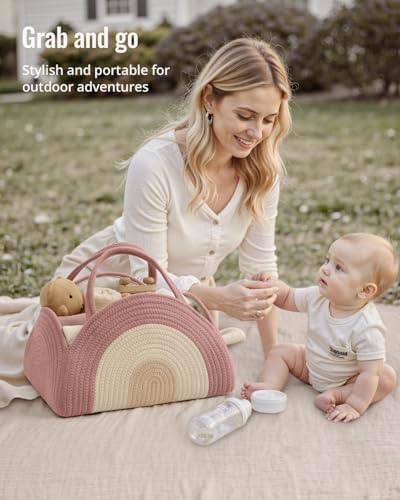 Blissful Diary Diaper Caddy Organizer, Woven Cotton Rope, Blush Rainbow - Image 5