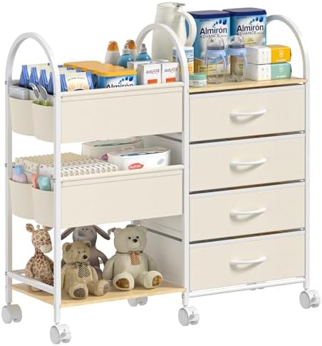 Baby Organizer and Storage Cart, 4-Tier Rolling Utility Cart with Wheels, Dividers and Drawers, Easy to Assemble for Nursery, Bedroom & Changing Table, White by Nylaira