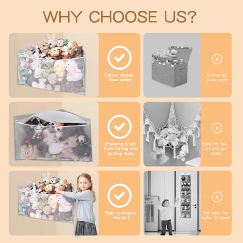 2PCS Large Corner Stuffed Animal Storage, Grey Wall Hammock Toy Net, Gift - Image 6