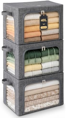 GoMaihe Clothes Storage Bins with Metal Frame for Sweaters, 40L 3-Pack Grey by GoMaihe